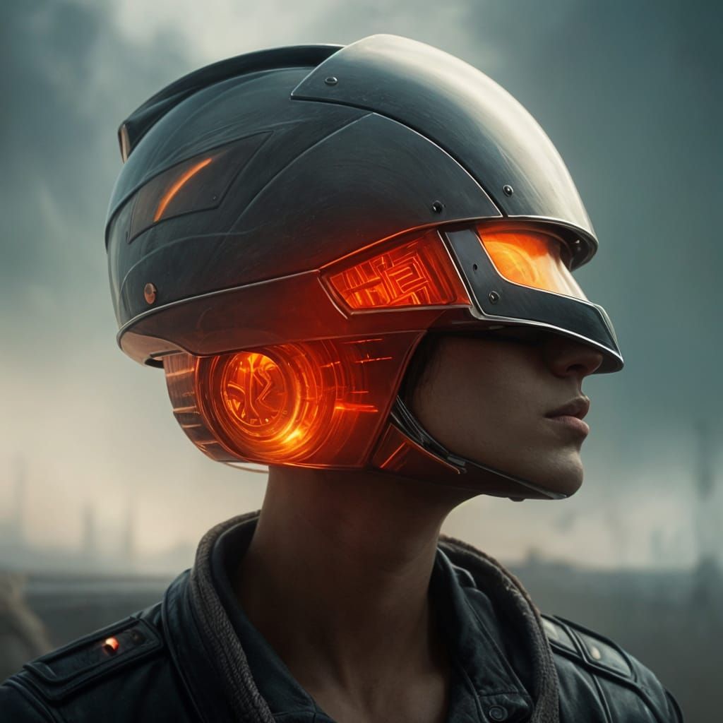 Cyberpunk Time Traveler with Red Chronometer Helmet