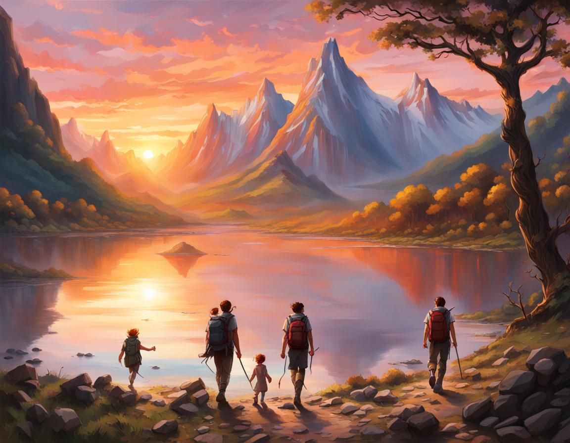 Adventurers Journey to Mountain at Sunset