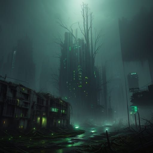 Dark, Gritty Cityscape: Nature's Reclaiming of a Futuristic ...