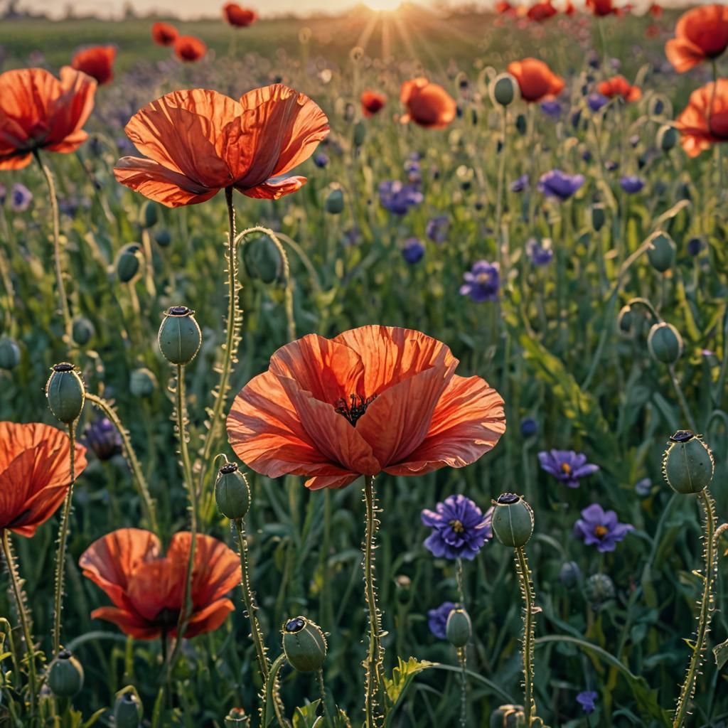 Red Poppies Swaying in a Golden Sunrise
