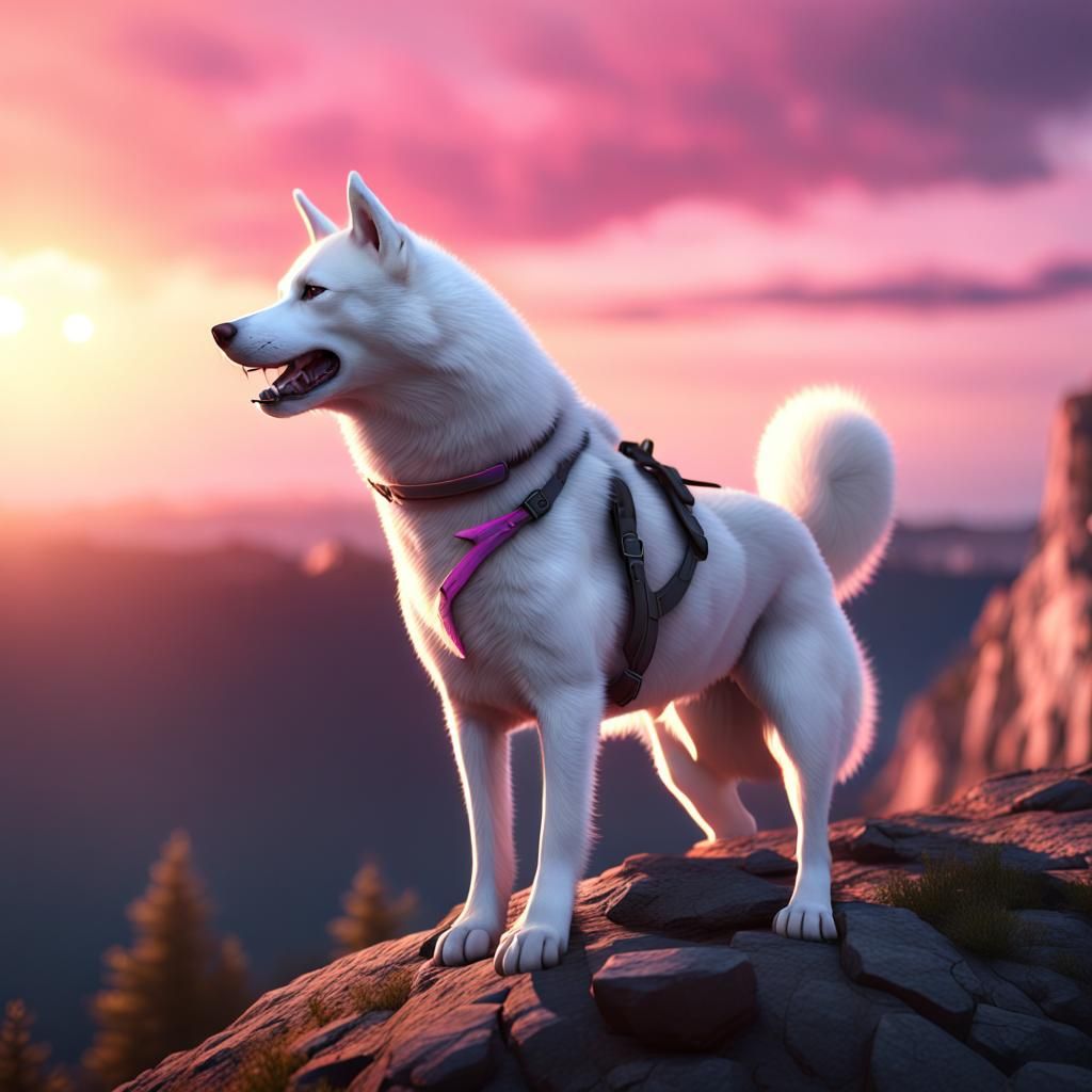 White Siberian Husky Howling at Sunset in 3D