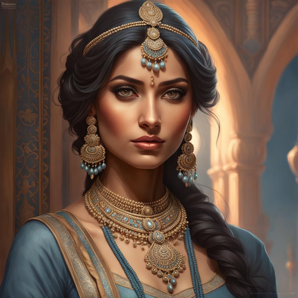 Indian Woman in Blue-Gray Sharara: Detailed Portrait