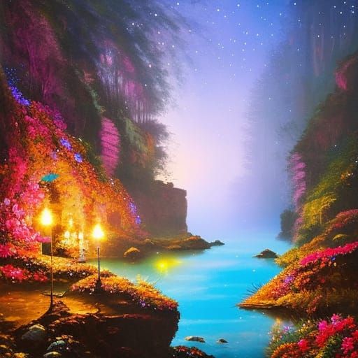 Magical Cave-scape with Fairy Lights in Oil Splash Art