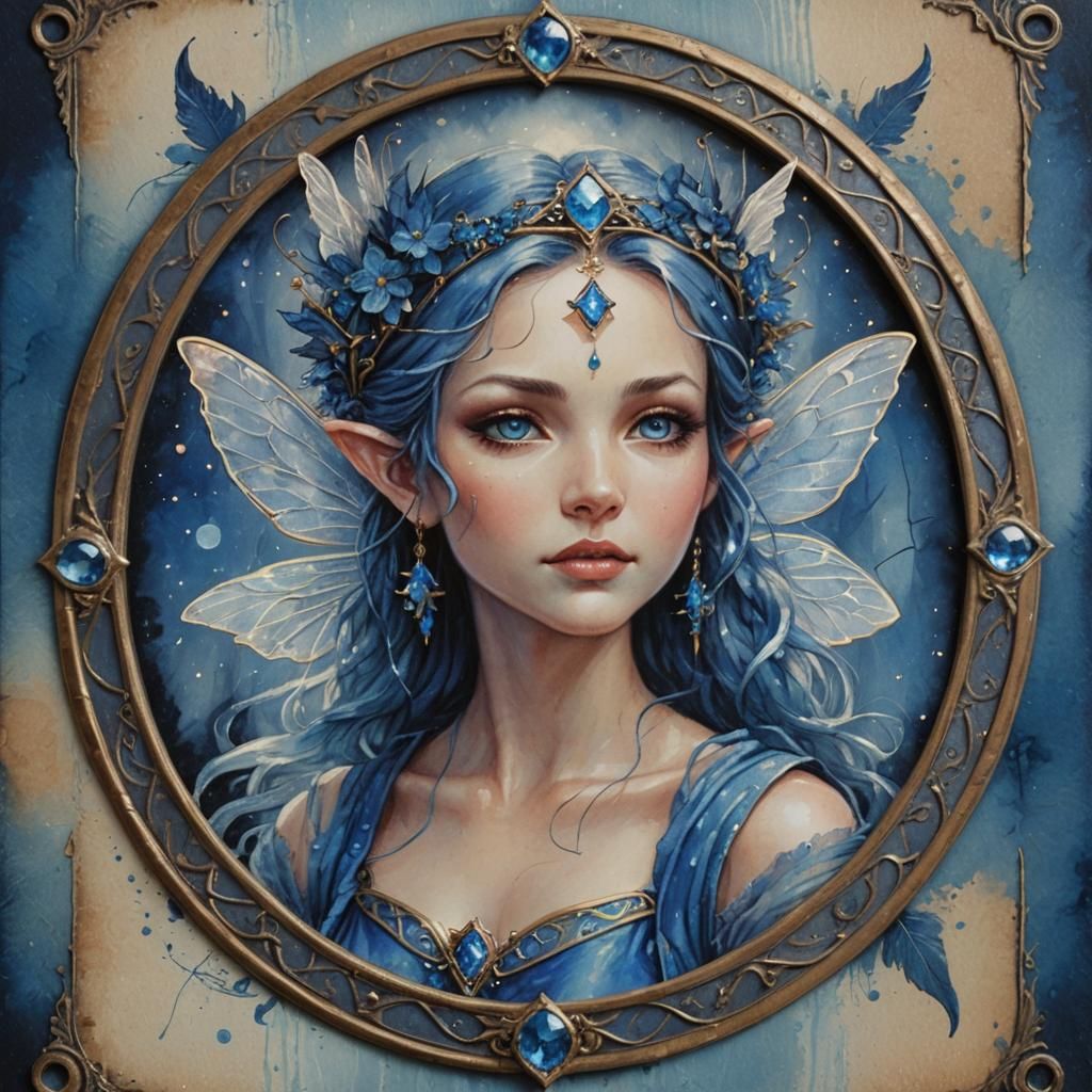 Intense Blue Fairy Portrait on Oracle Card