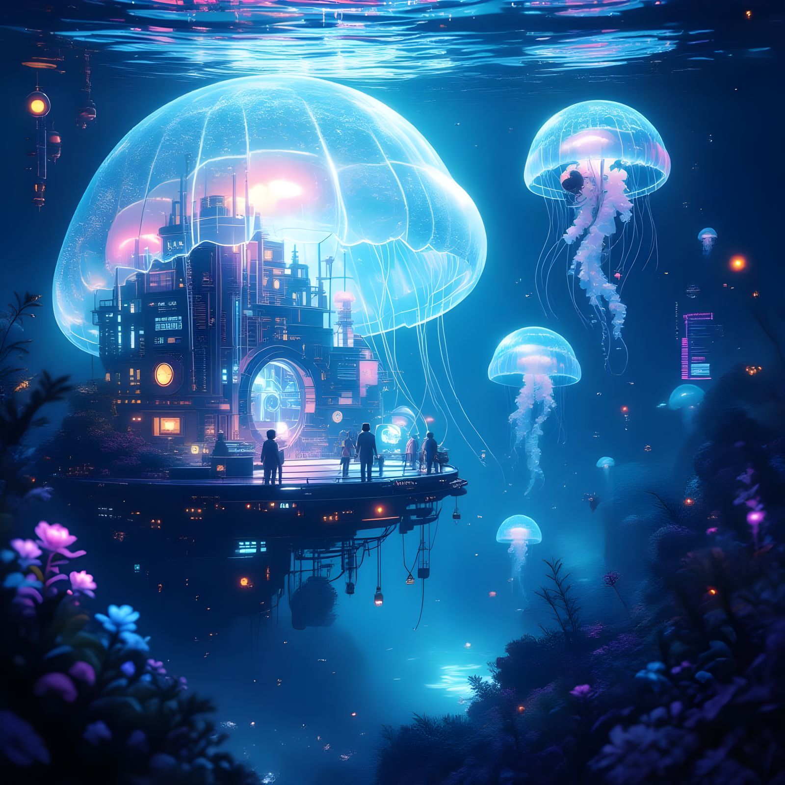 Underwater City Inside Jellyfish with Bioluminescent Flora