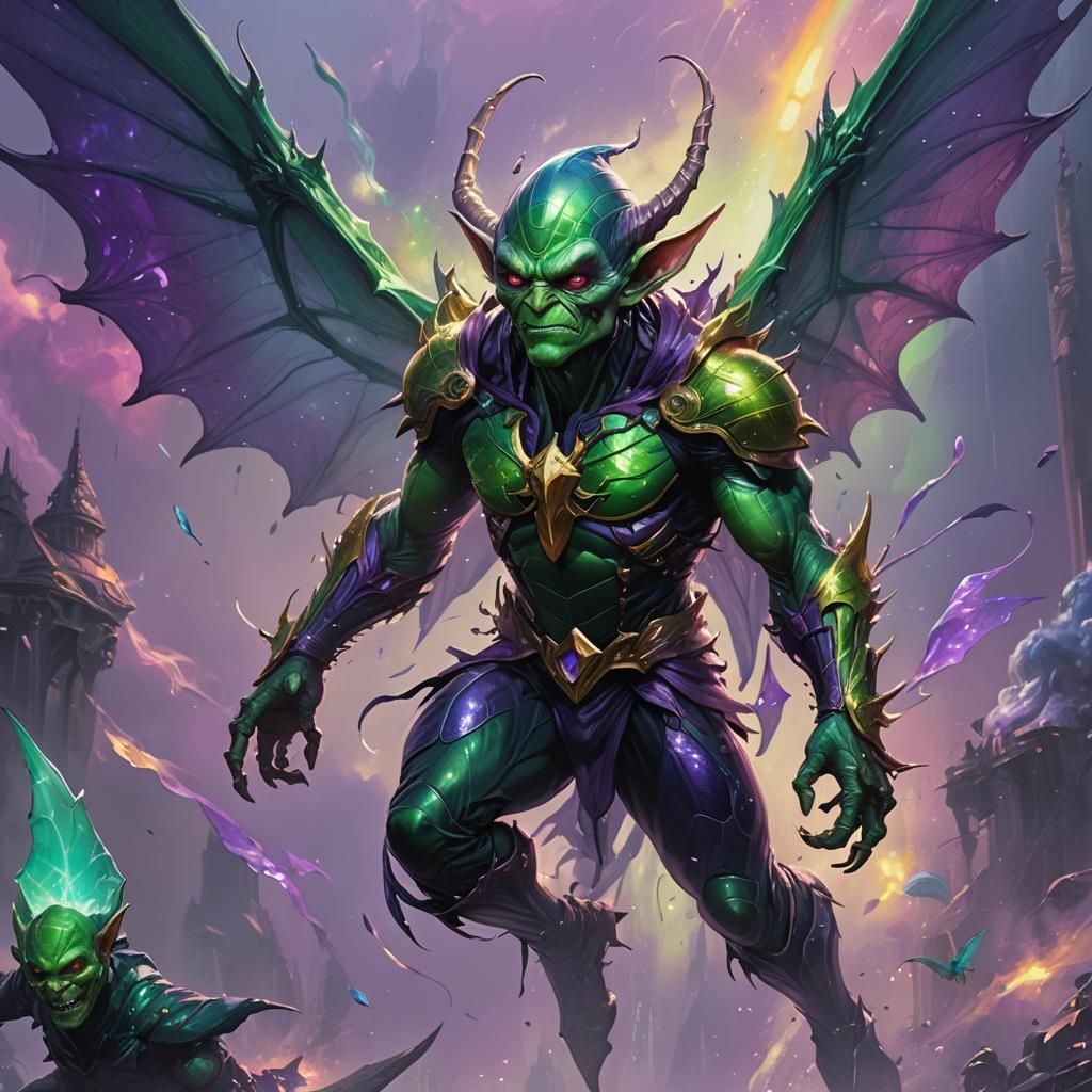Emerald Goblin with Rainbow Wings in Fantasy Art