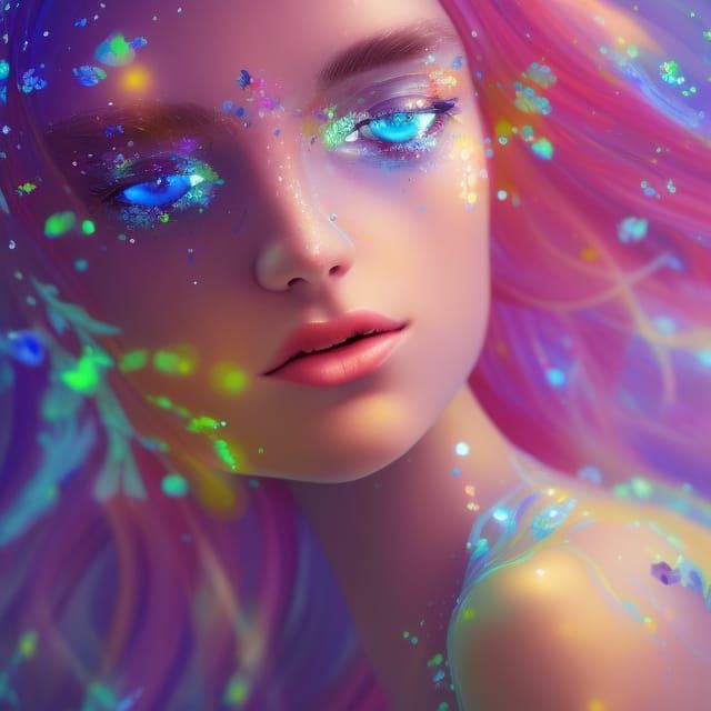 Dreamy Girl with Rainbow Eyes: Digital Art