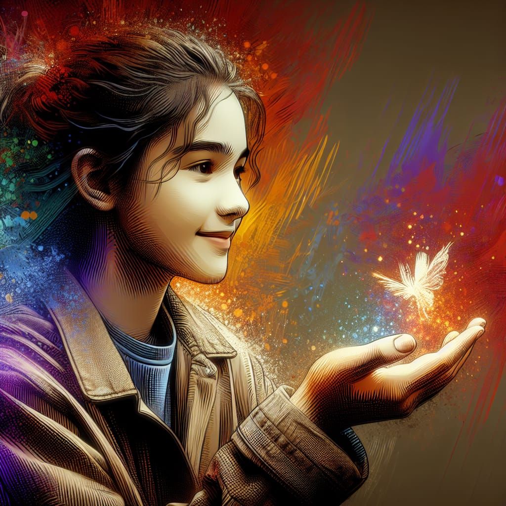 Smiling Girl Receives a Gift: Hyperrealistic Splash Art