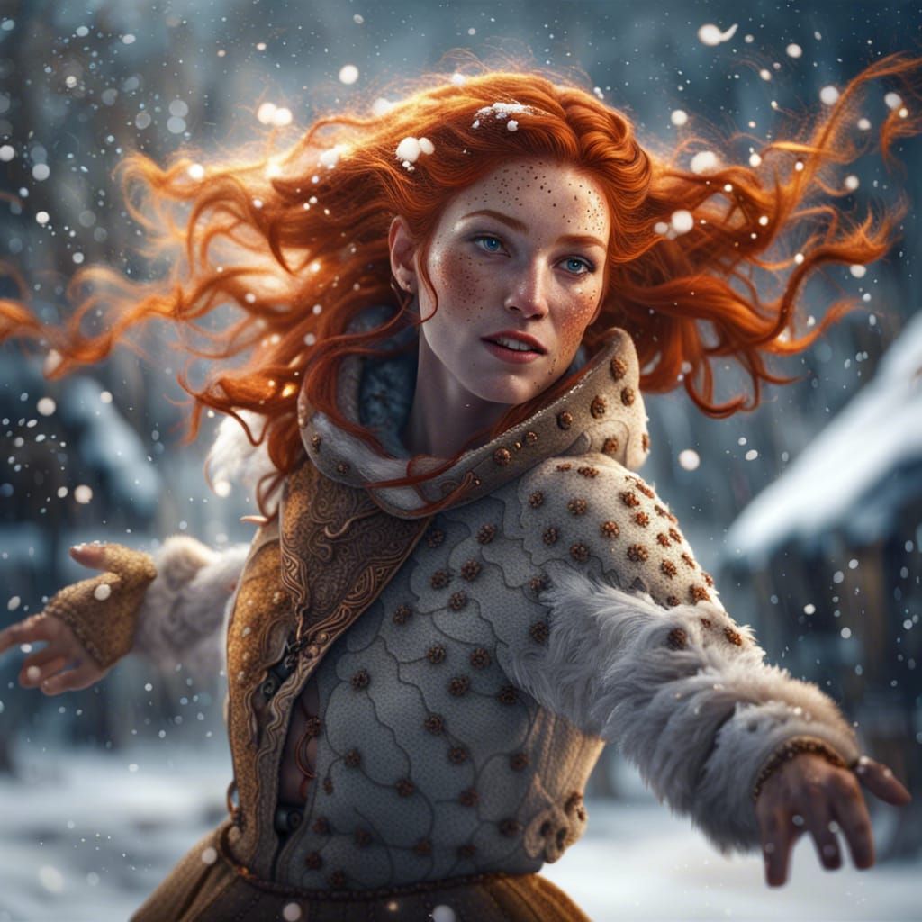 Ginger Dances in Snow: Detailed Fantasy Art