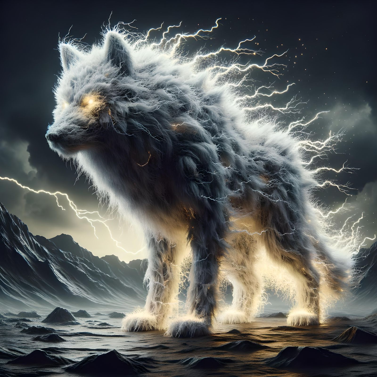 Electric Wolf in Lightning Storm: Hyper-Realistic Rendering