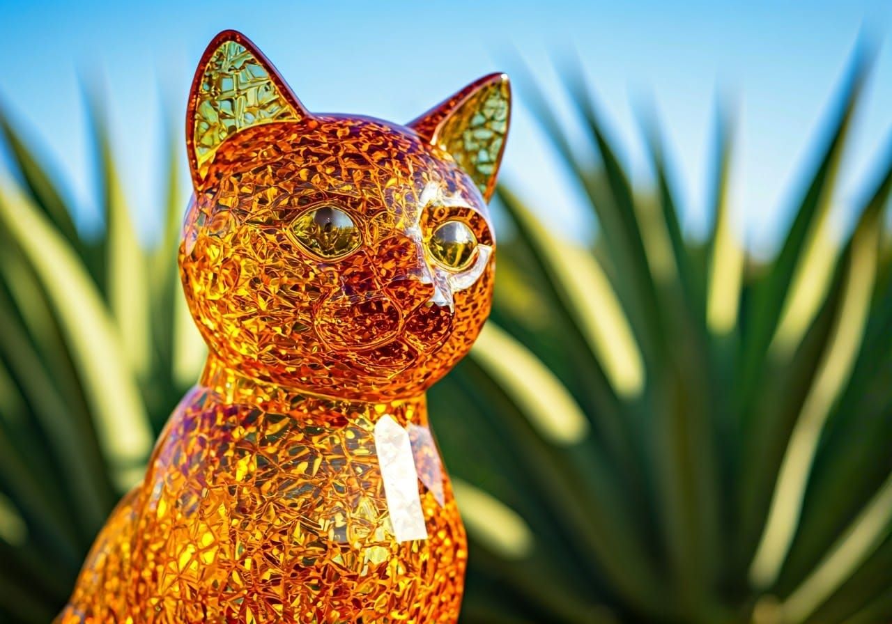 Luminous Amber Glass Cat Sculpture in Nature