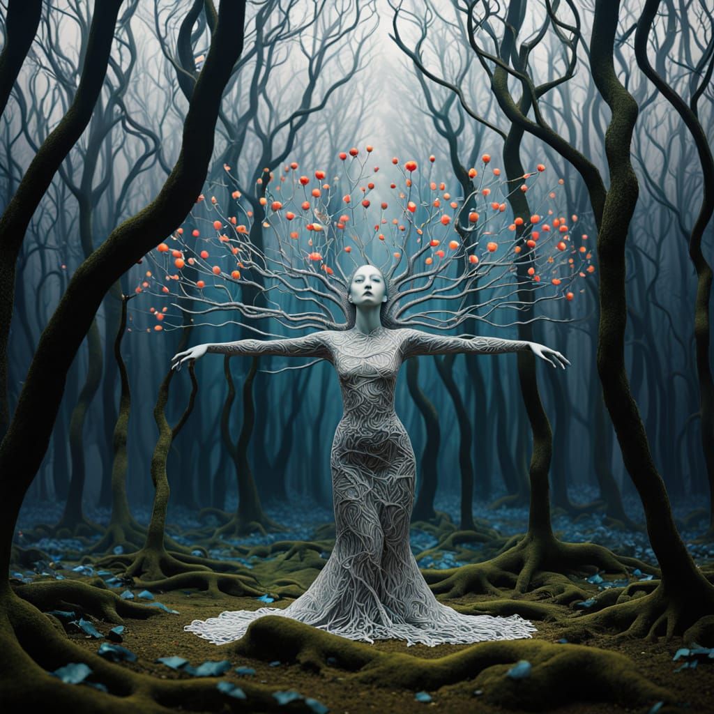 Iridescent Woman Blossoming into Trees: Surreal Sculpture