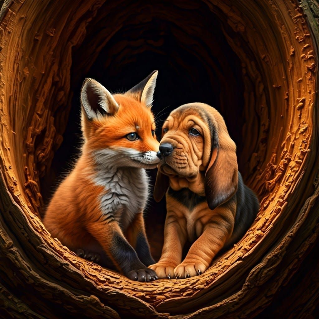 Fox and Hound Puppies Play in Sun-Dappled Hollow