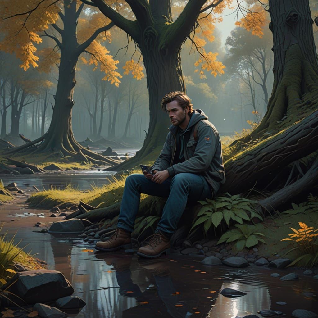 Man Under Dappled Tree in Vibrant Forest Landscape