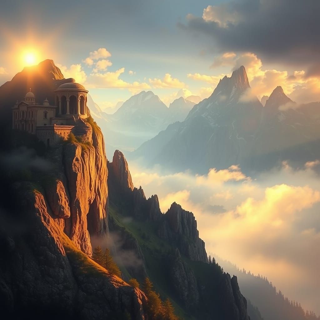 Surreal Mountain Landscape in Warm Divine Light