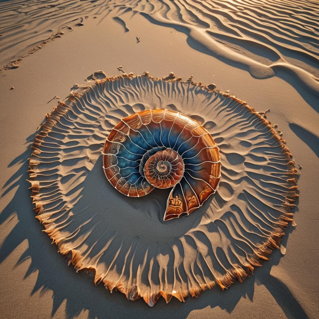 Nautilus Shell Mandala at Sunset: Hyper-Realistic Beach Scen...