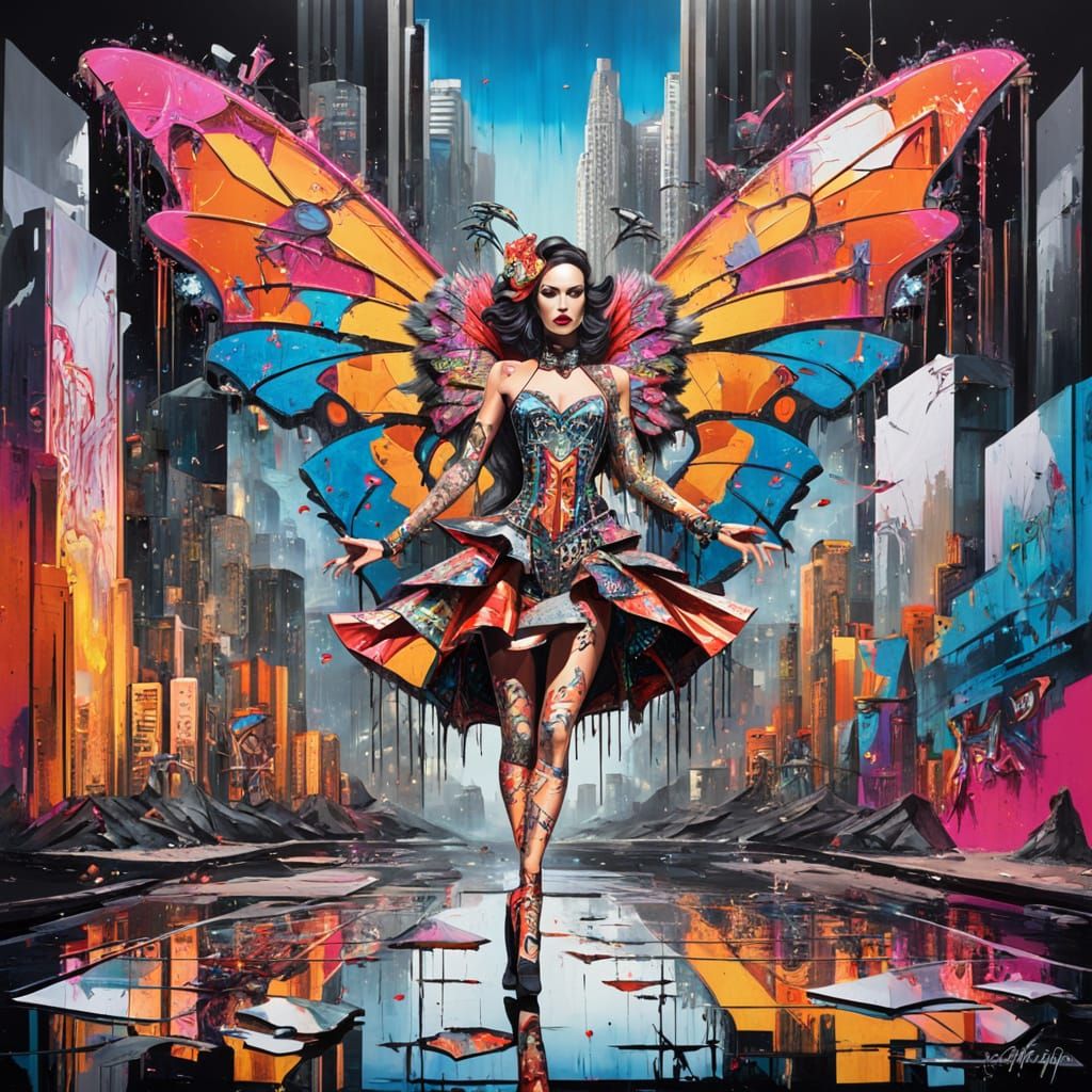 Graffiti Showgirl with Butterfly Wings on Mirror Stage