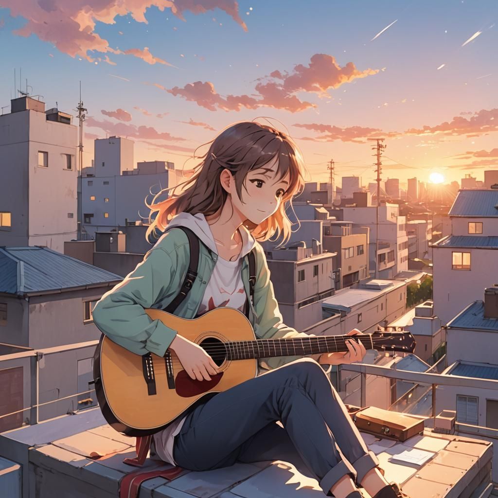Rooftop Guitar Girl in Lo-fi Anime Style
