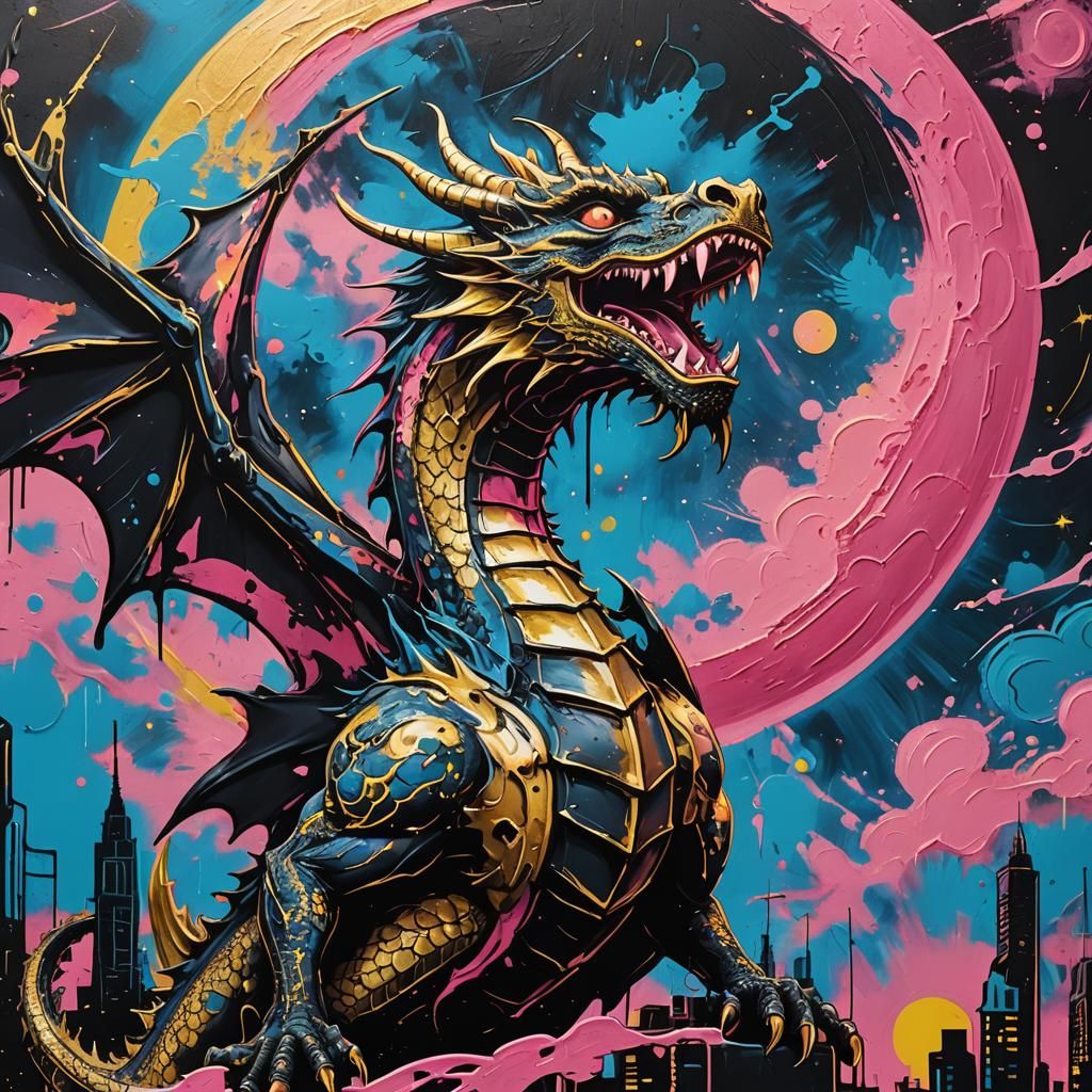 Graffiti Dragon Gazing at Pink Moon