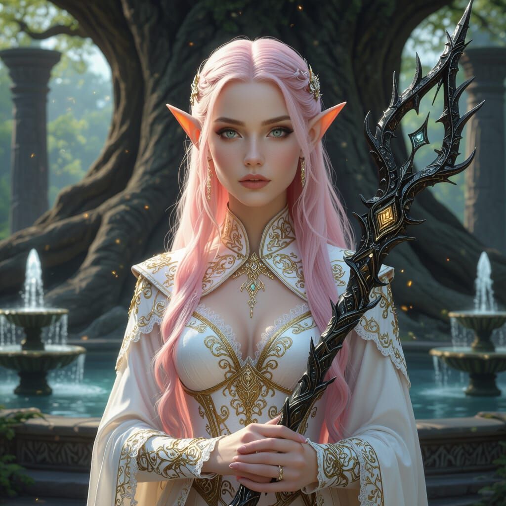 Hyper Realistic Elf Sorceress with Magical Staff