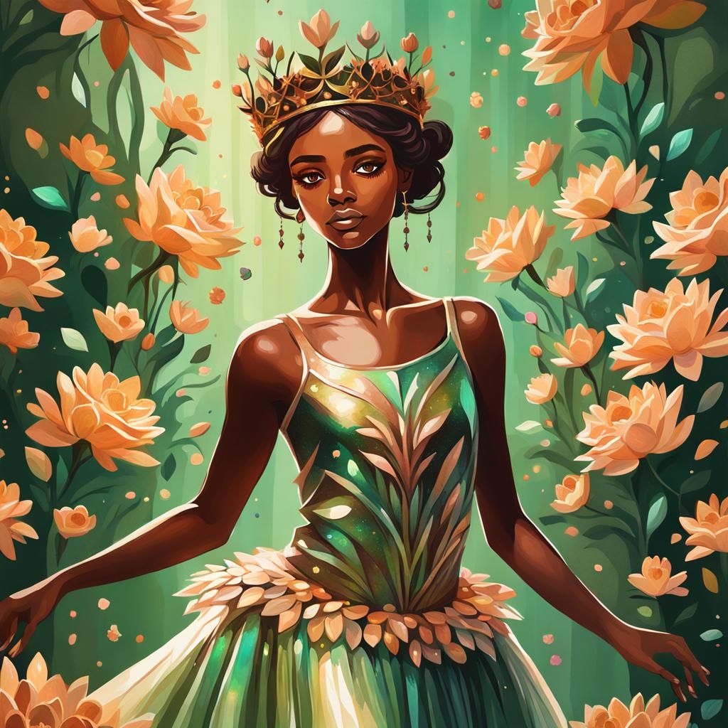 Ballerina with Crown and Flowers: Minimalist Fantasy Art