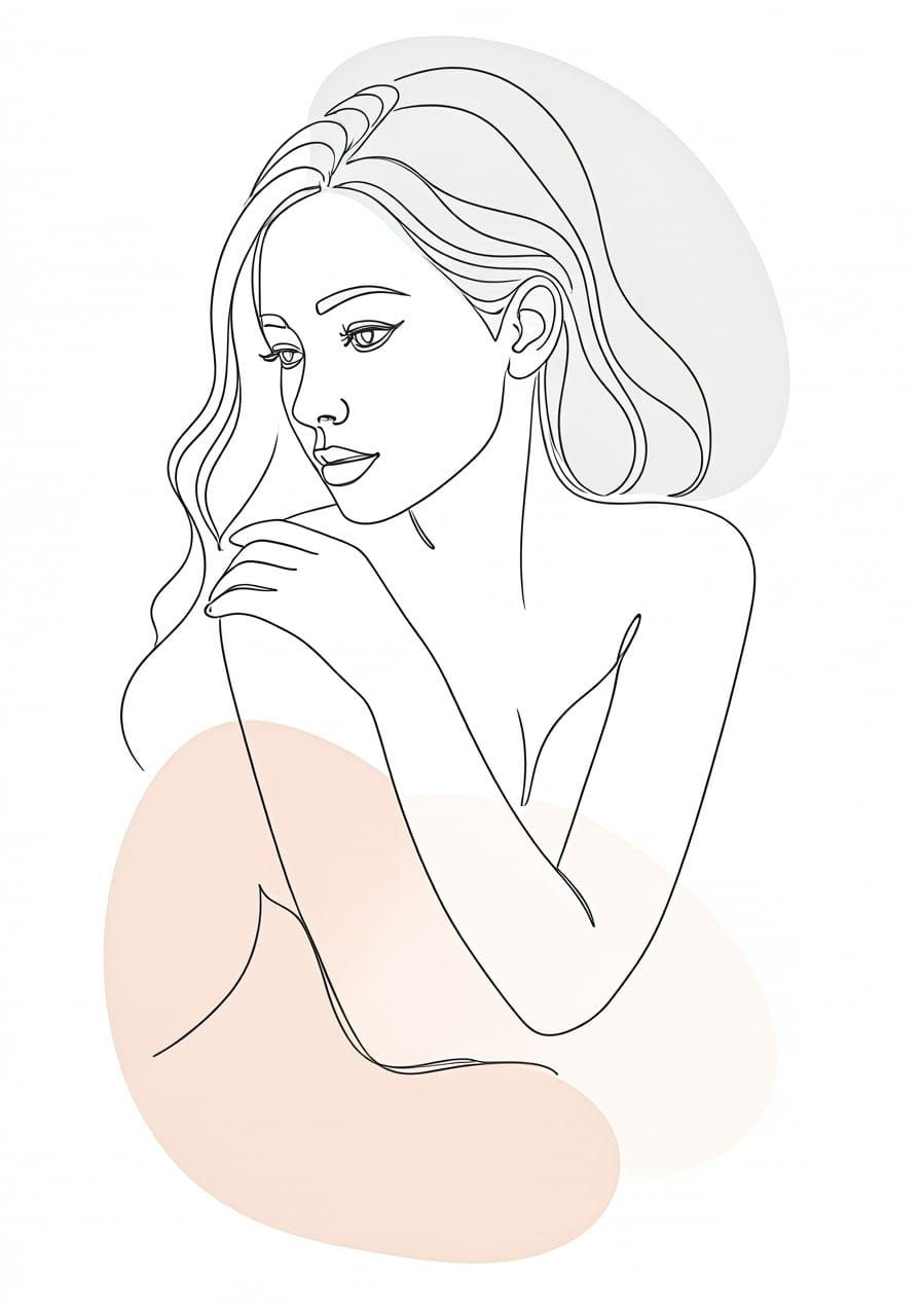Serenely Contemplative Woman in Elegant Minimalist Line Draw...
