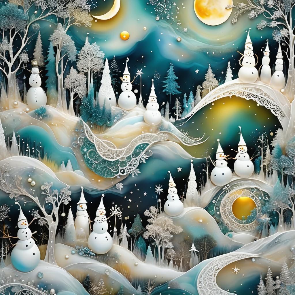Lace and Pearl Snowman Forest in Alcohol Ink