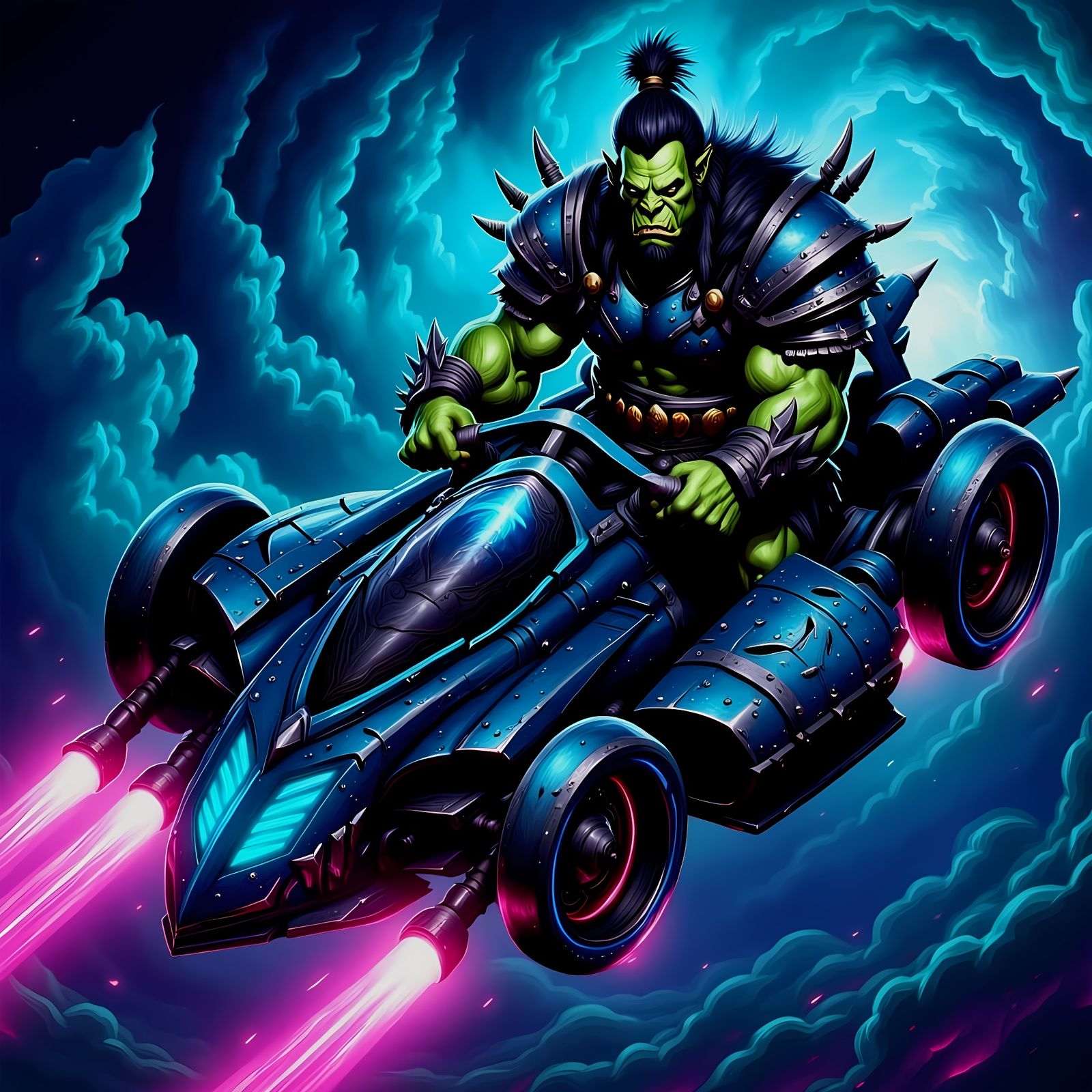 Orc in Futuristic Flying Car Amidst Nebula Sky