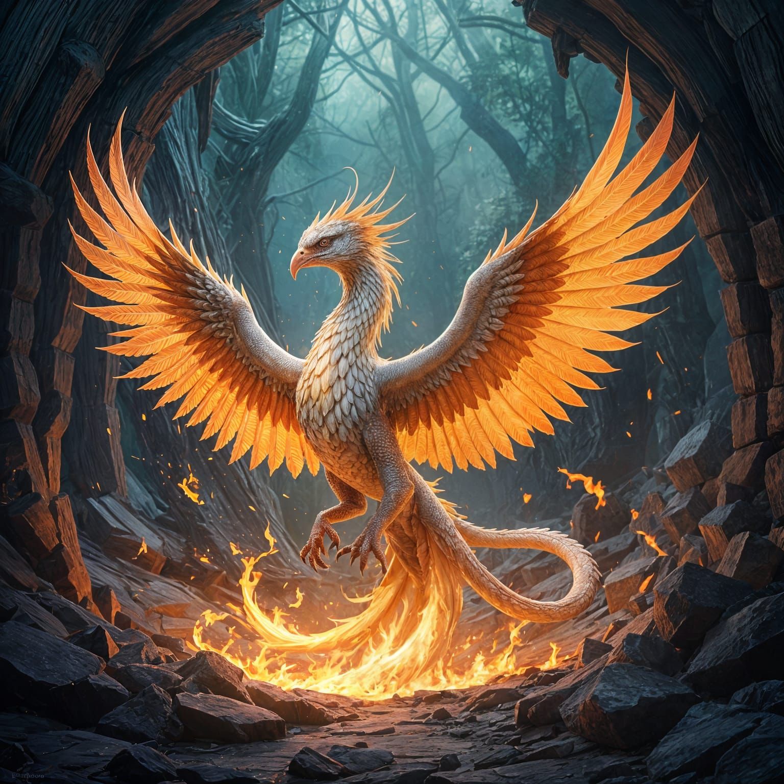 Basilisk Phoenix Fusion: A Hyperrealistic Fantasy Painting