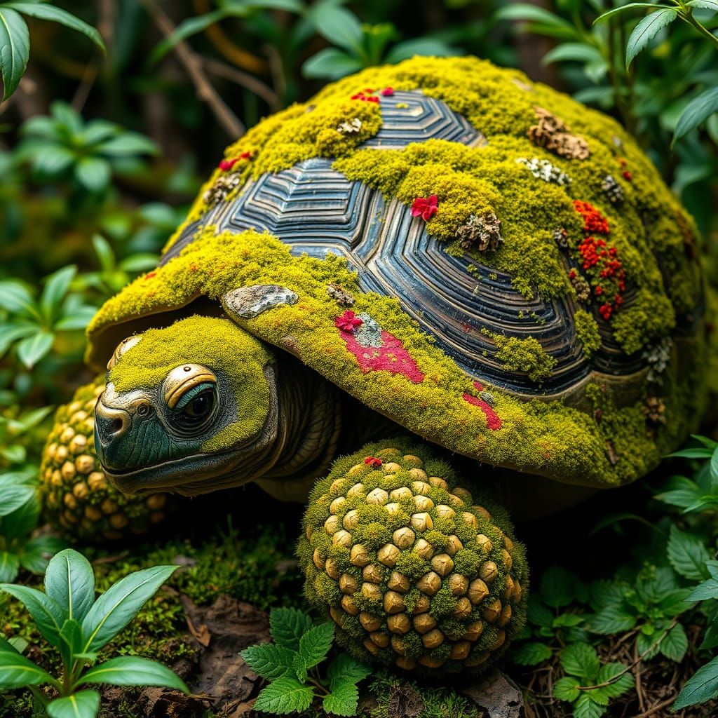 Galapagos Tortoise Covered in Moss and Lichen