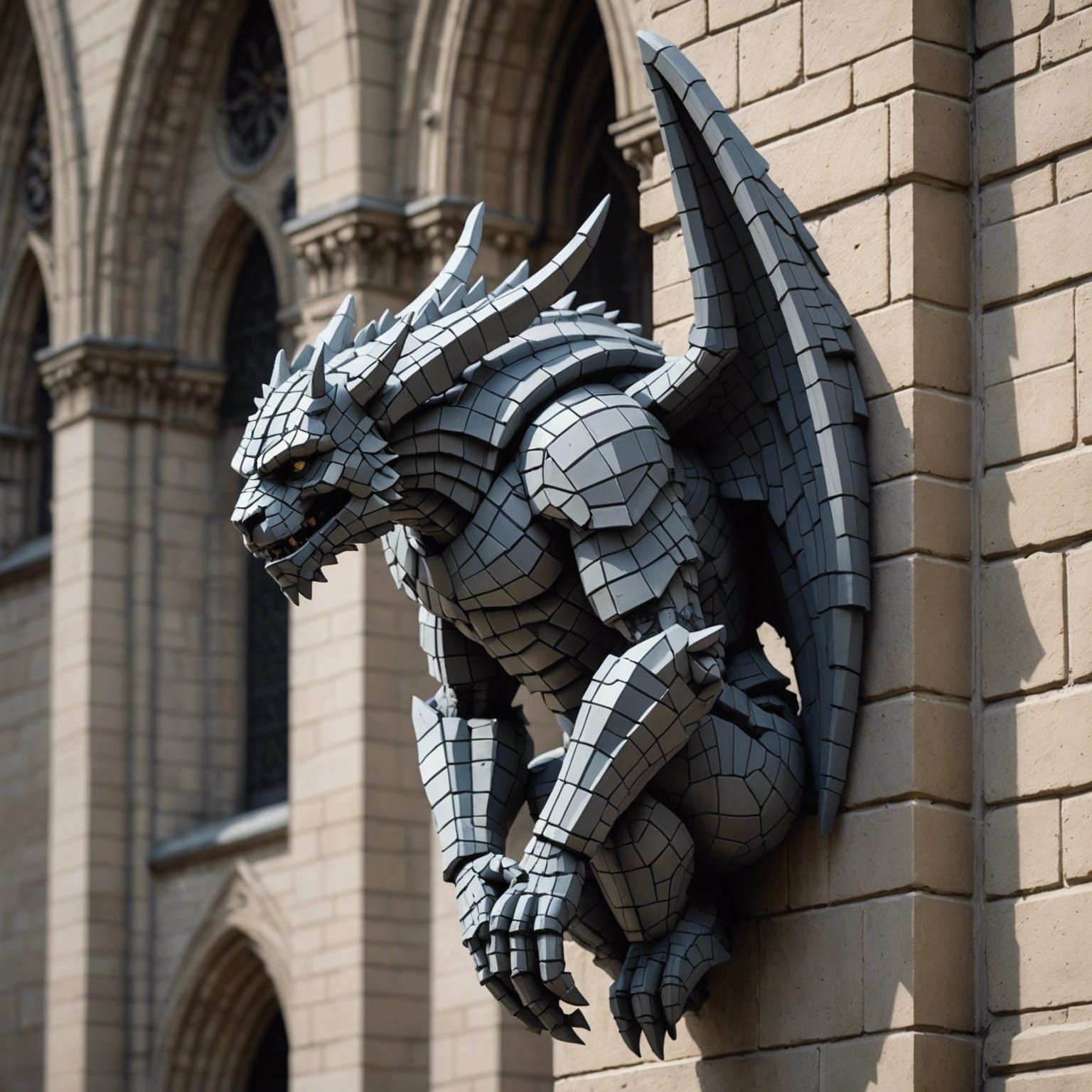 Pixel Art Gargoyle Statue on Cathedral Wall