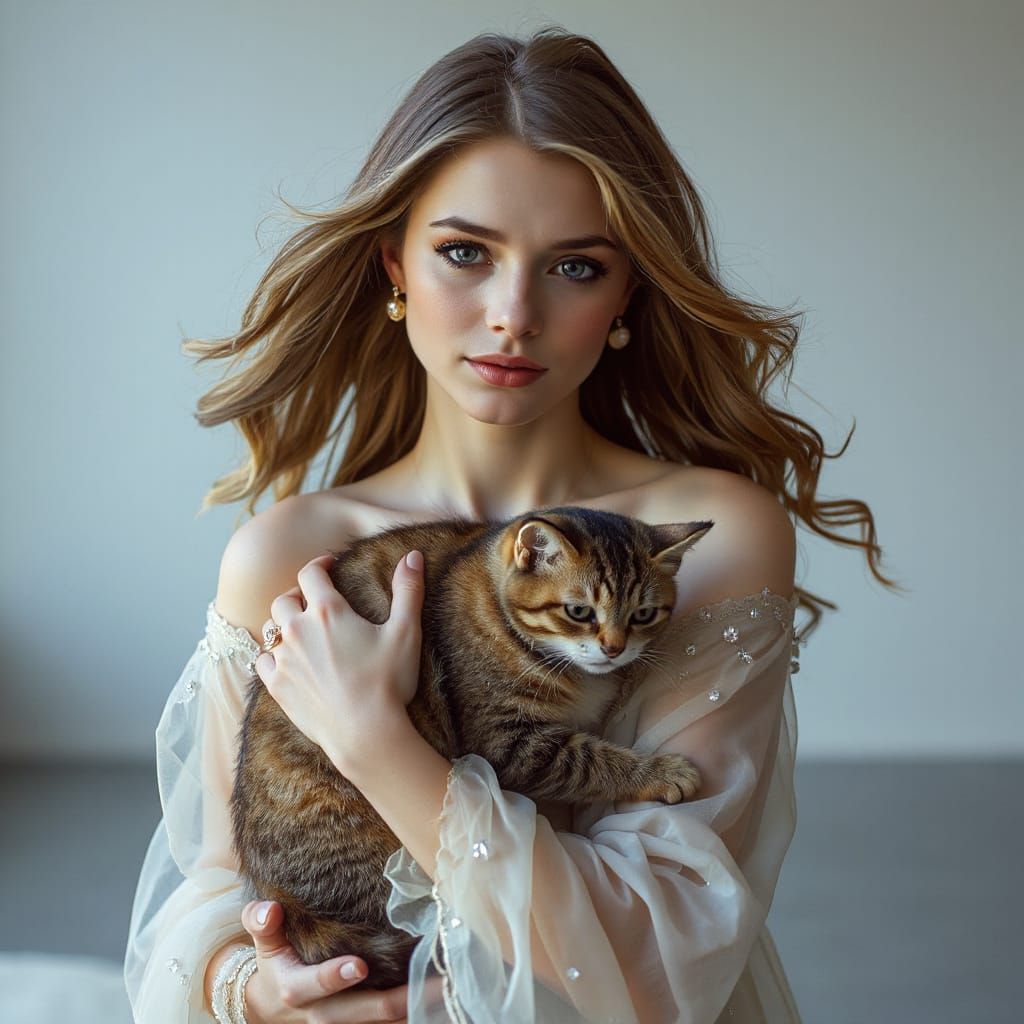 Ethereal Woman with Cat in Hyperrealistic Style