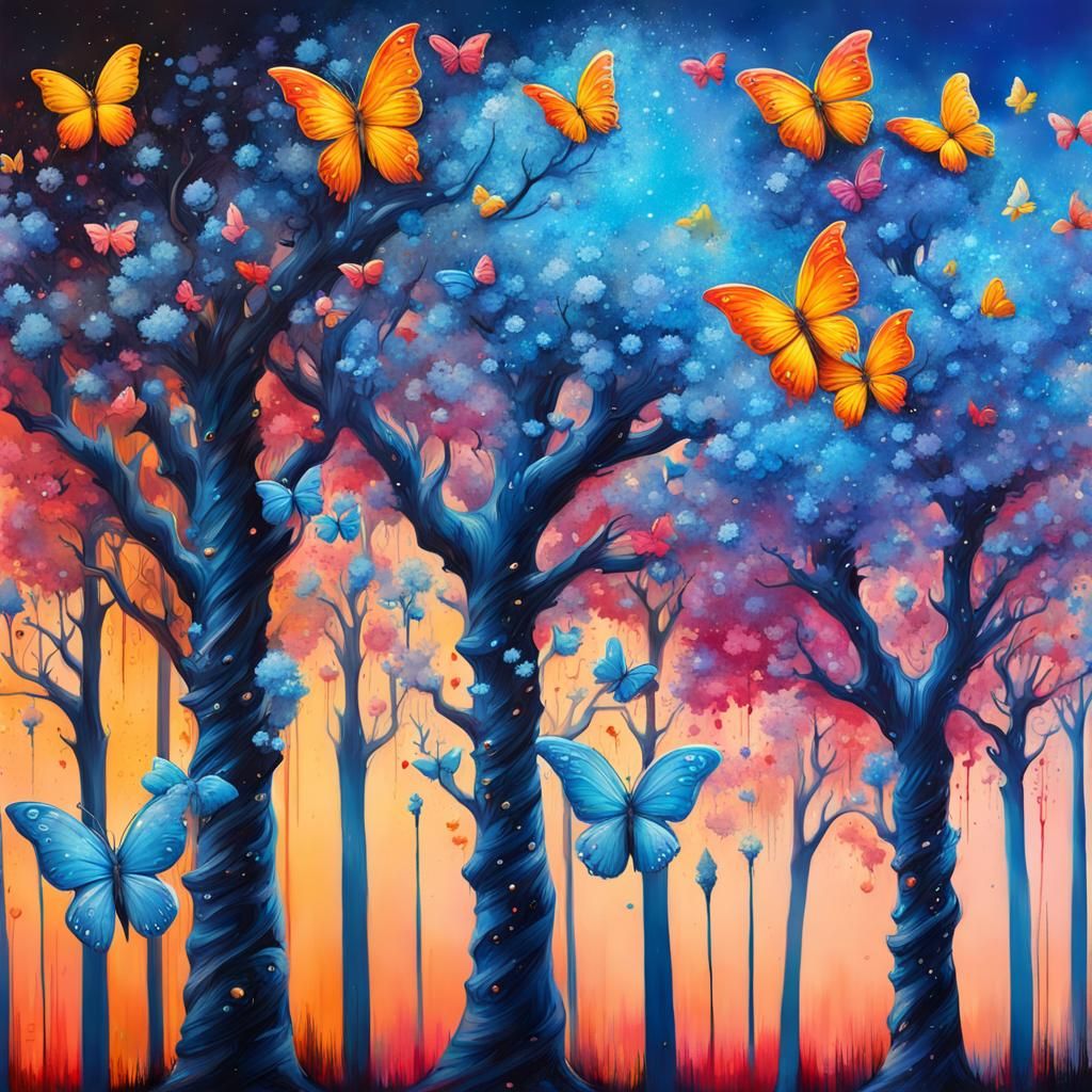 Sparkly Blue Trees with Butterflies in Graffiti Art