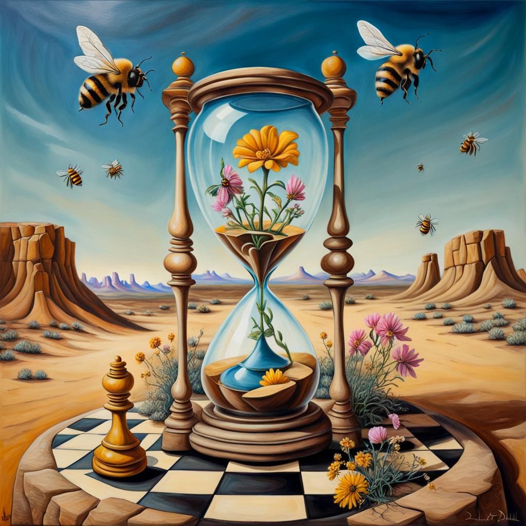 Surreal Desert Chessboard with Hourglass Oil Painting