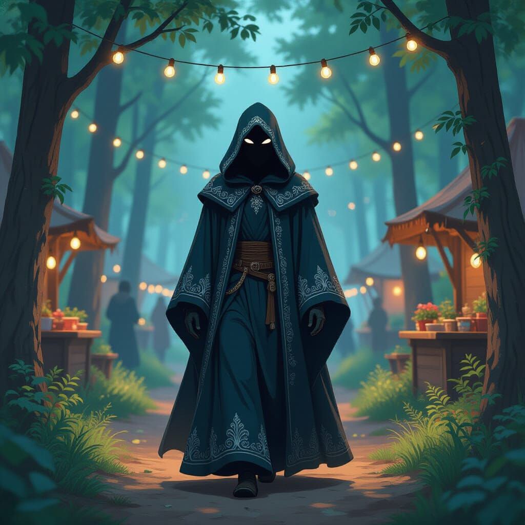 Masked Figure in Forest Festival, Dreamlike Digital Art