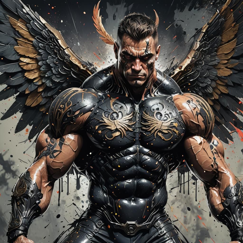 Winged Bodybuilder in Black Armour with Ink Splatter