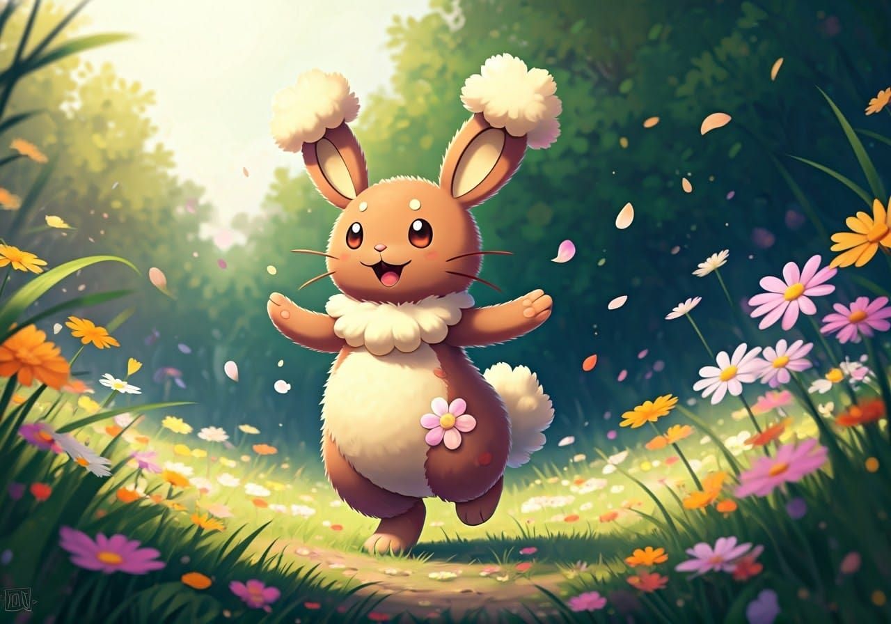 Buneary Dances Among Blooming Wildflowers in Whimsical Style