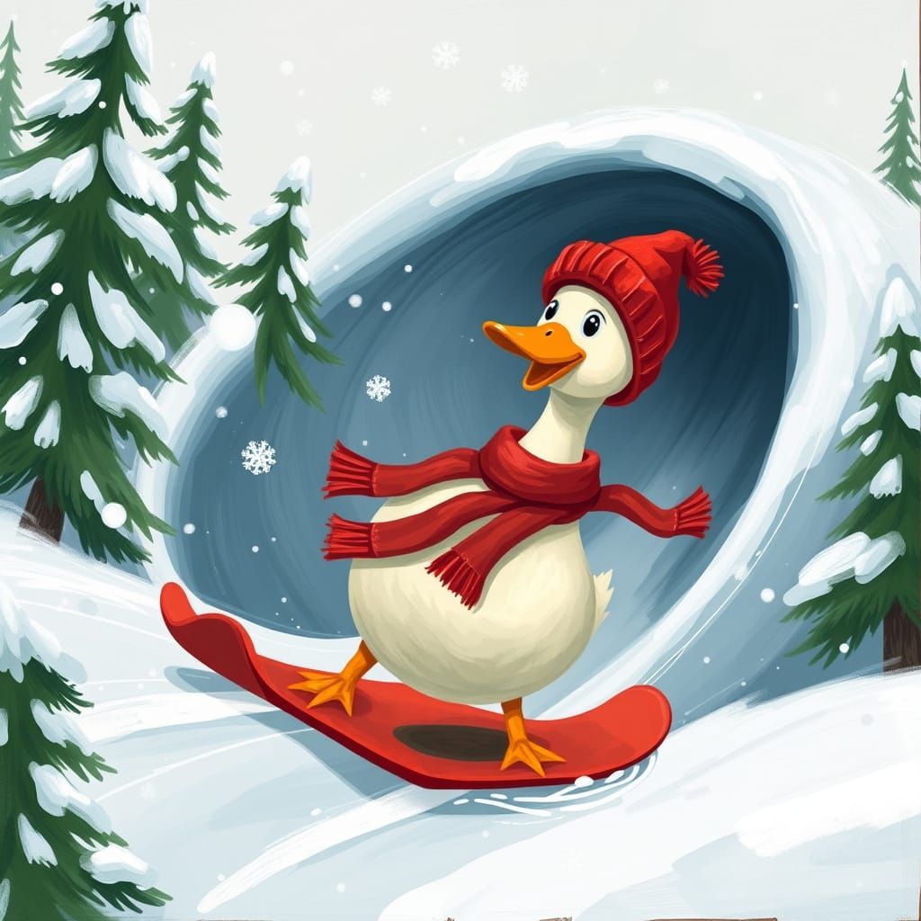 Whimsical Winter Wonderland Scene of a Duck Skiing