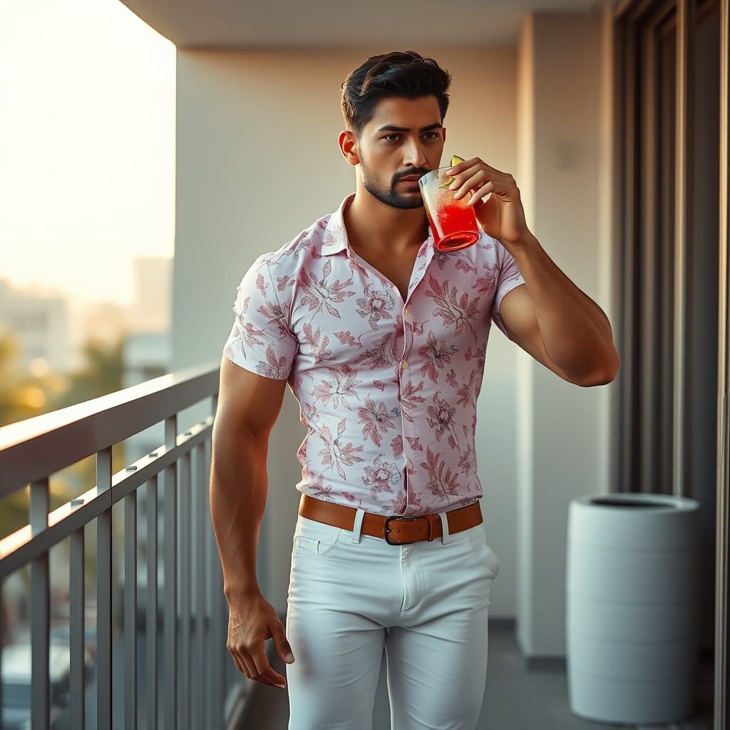 Muscular Indian Man Sipping Mojito on Balcony