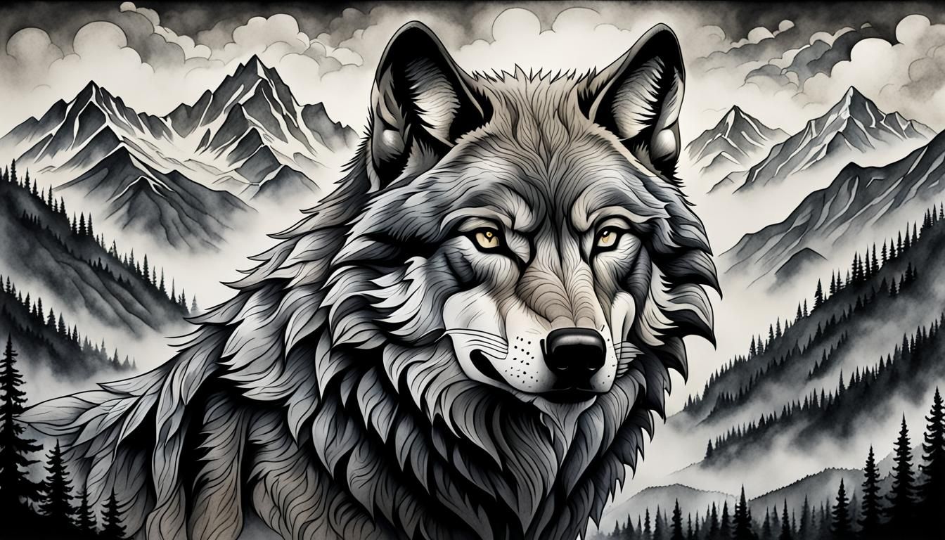 Cel Shaded Wolf Portrait in Graphite Etching Style