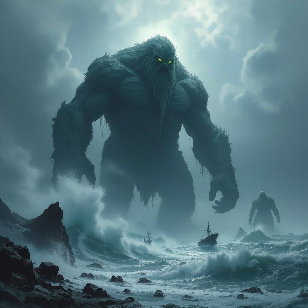 Sea Giants Rising from Stormy Waves in Dark Fantasy Style