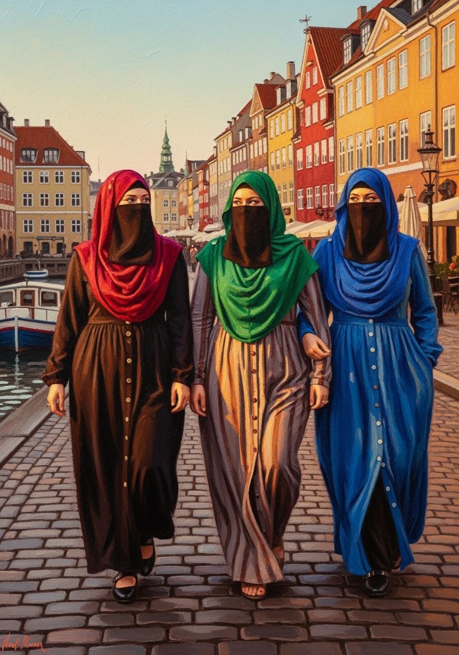 Danish Women in Hijabs Walking in Copenhagen as Oil Painting