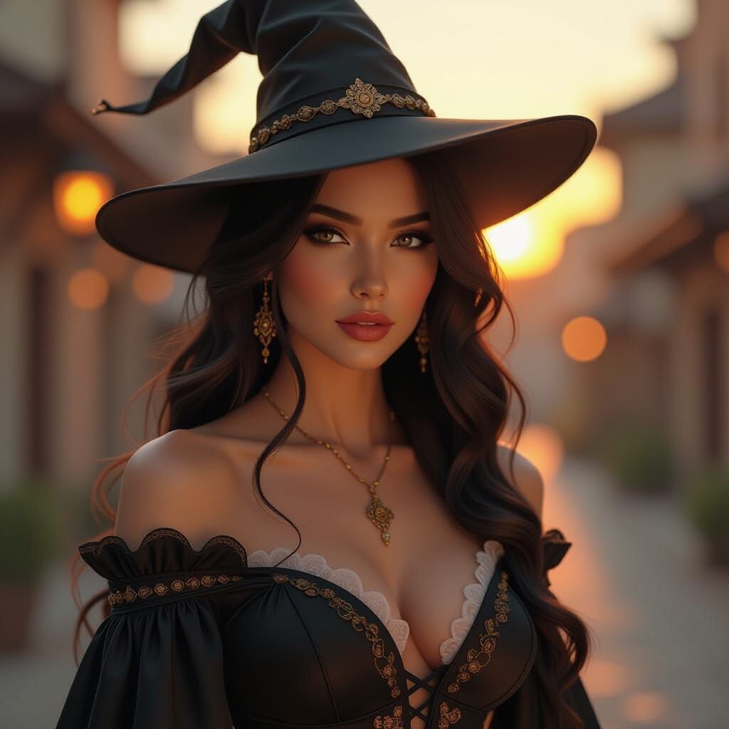 Profile portrait of a rugged witch in an elegant magic dress...