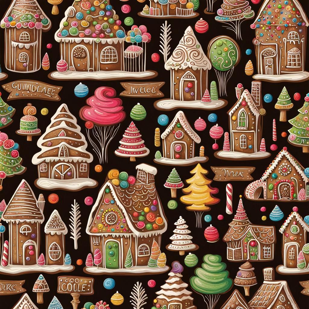 Gingerbread Village Illustration in Naive Magical Style