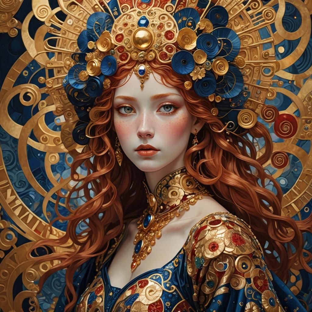 Red-Haired Woman in Klimt-Inspired Anime Style