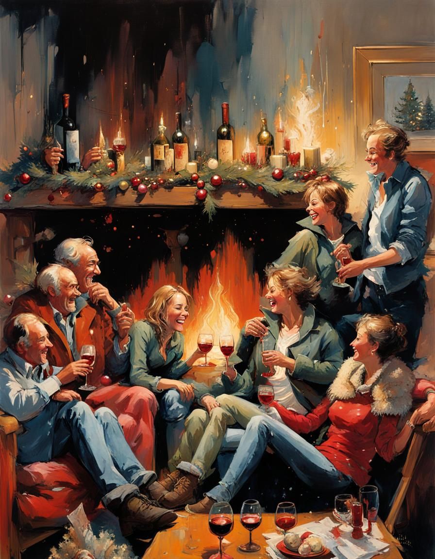 Friends Laughing by Fireplace, Christmas Scene