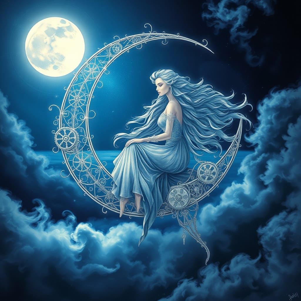 Steampunk Silver Moon in Velvet Sky