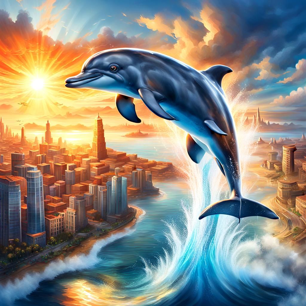 Dolphin Leaping Before Glowing Coastal City