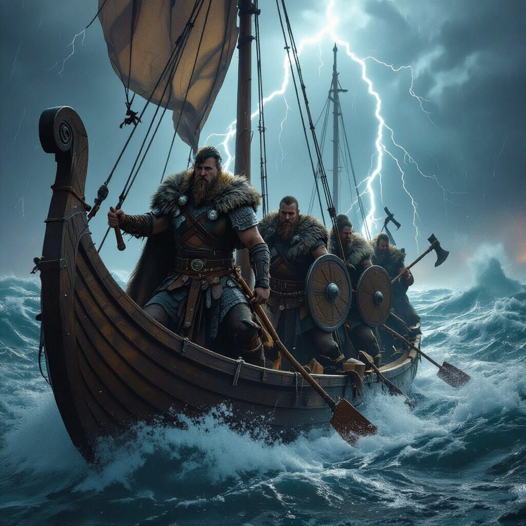Viking Longship Navigates Stormy Seas in Hyper-Realistic Sty...