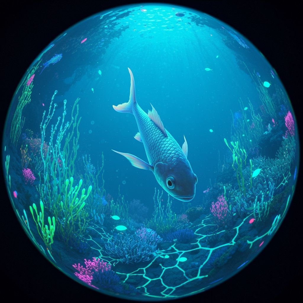 Bioluminescent Fish in Underwater Fisheye Scene